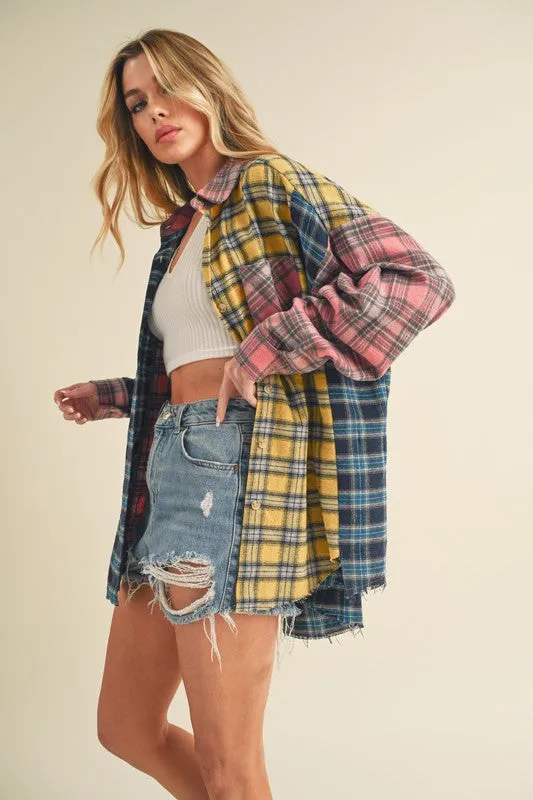 Aemi   Co Frayed Hem Color Block Plaid Drop Shoulder Long Sleeve