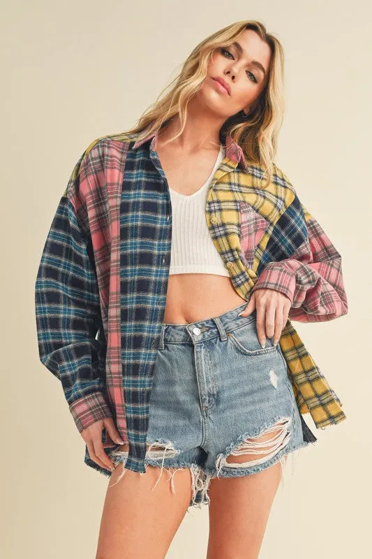 Aemi   Co Frayed Hem Color Block Plaid Drop Shoulder Long Sleeve