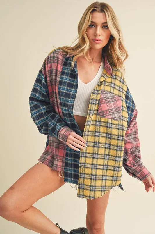 Aemi   Co Frayed Hem Color Block Plaid Drop Shoulder Long Sleeve