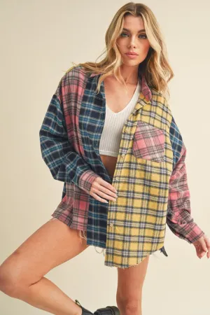 Aemi   Co Frayed Hem Color Block Plaid Drop Shoulder Long Sleeve
