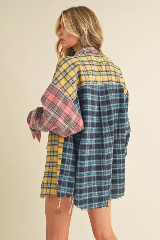 Aemi   Co Frayed Hem Color Block Plaid Drop Shoulder Long Sleeve