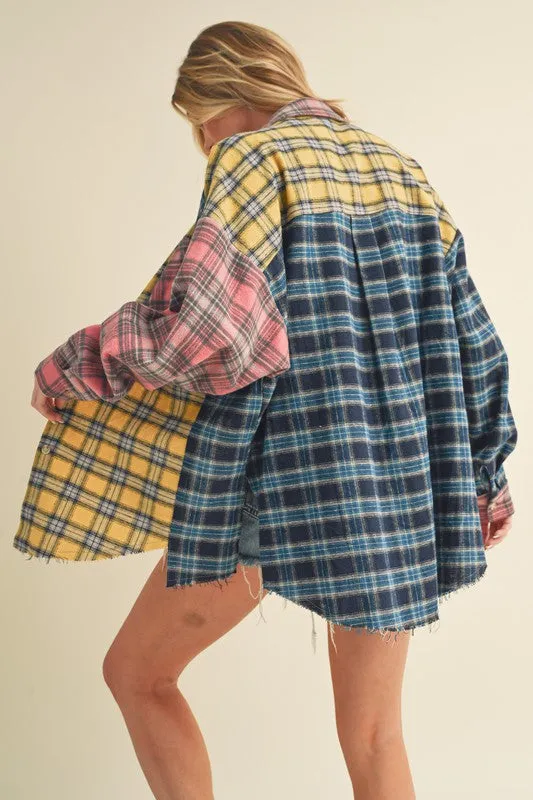 Aemi   Co Frayed Hem Color Block Plaid Drop Shoulder Long Sleeve