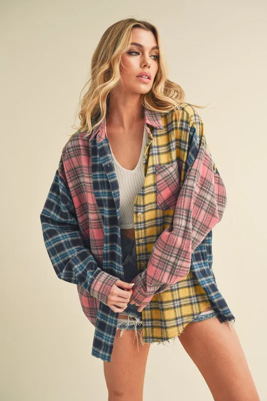 Aemi   Co Frayed Hem Color Block Plaid Drop Shoulder Long Sleeve