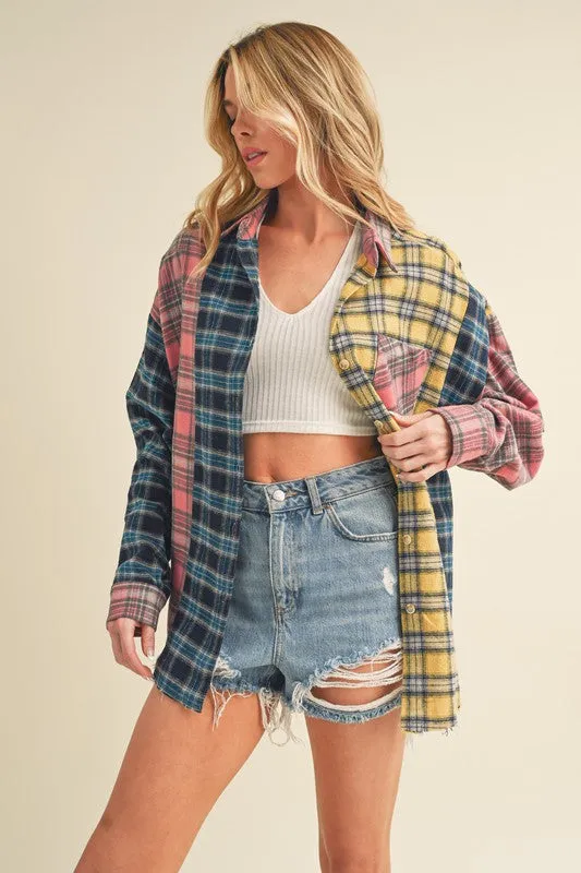 Aemi   Co Frayed Hem Color Block Plaid Drop Shoulder Long Sleeve