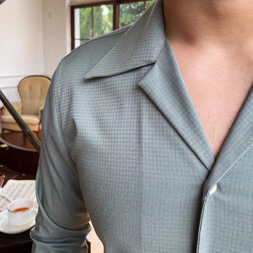 Aidase Summer Wrinkle Resistant Bird Check Dark Check Cuban Collar Shirt  Men Business Shirt British Shirt Trend Men Shirt Tuxedo Shirt