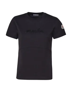 Black Beaded Logo T-shirt for Women