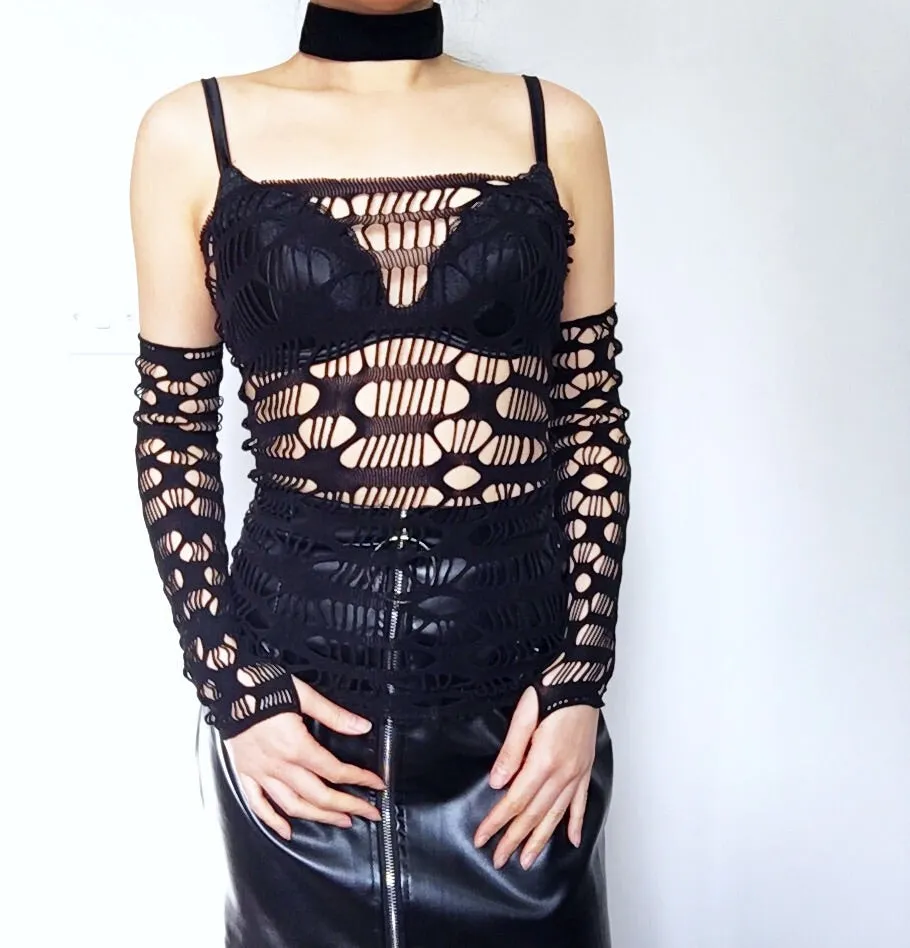 BLACK THICK STRETCHY FISHNET MESH TUBE TOP WITH SLEEVES