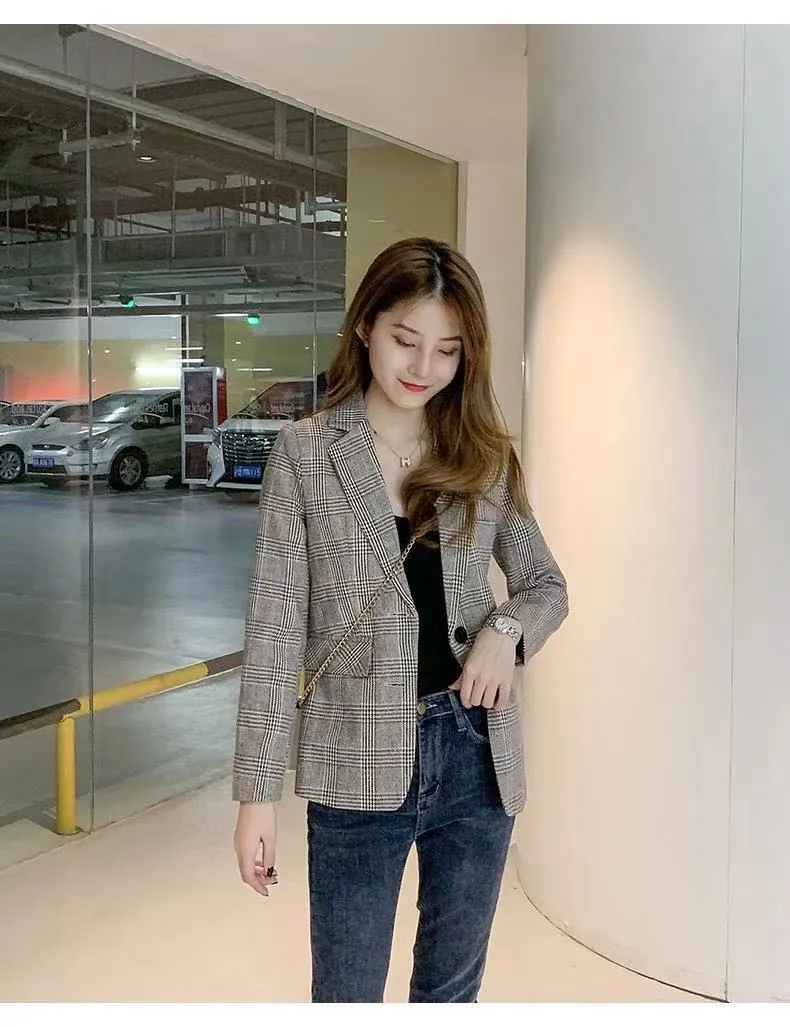 Blazer Women Thin Student Short Popular Petite Elegant Chequered Suit Outerwear