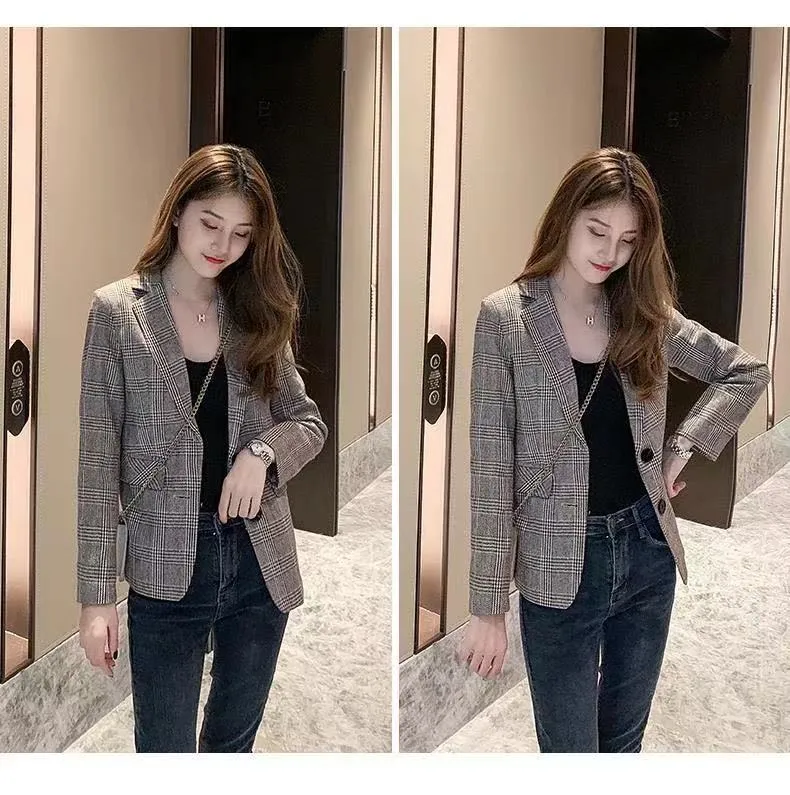 Blazer Women Thin Student Short Popular Petite Elegant Chequered Suit Outerwear