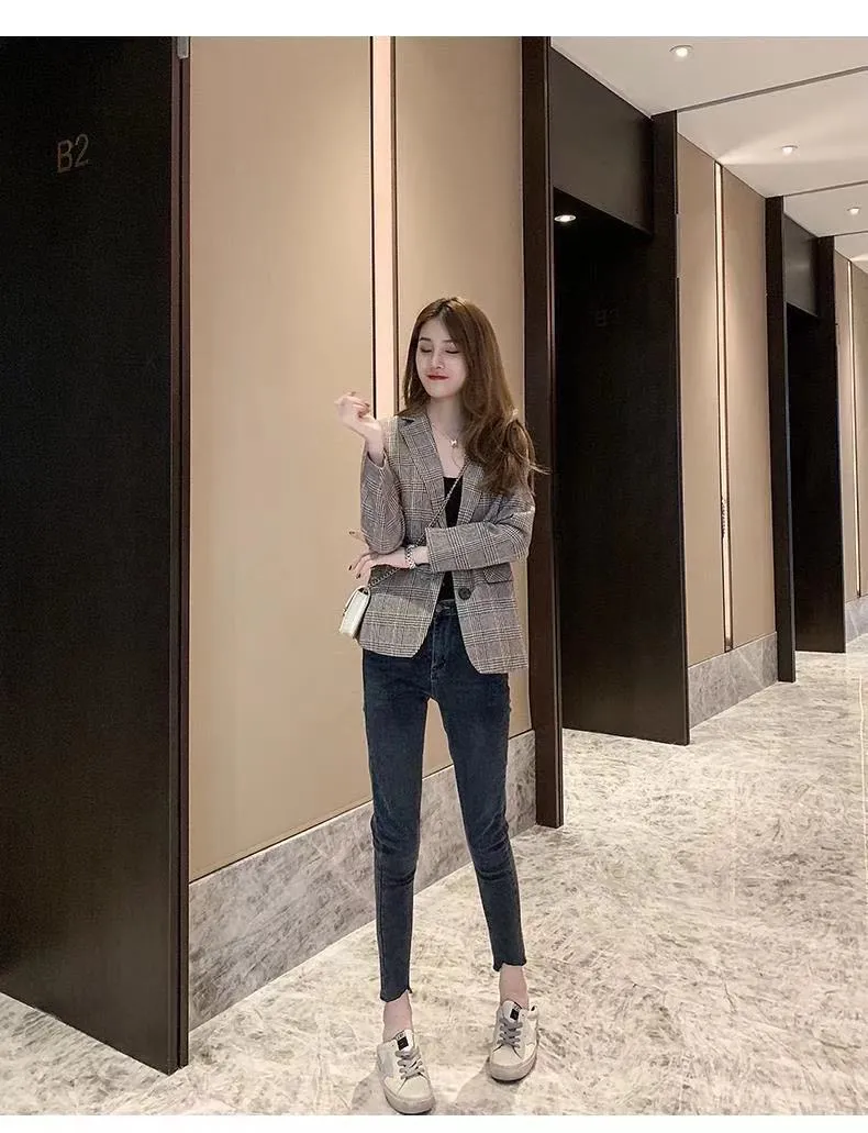 Blazer Women Thin Student Short Popular Petite Elegant Chequered Suit Outerwear