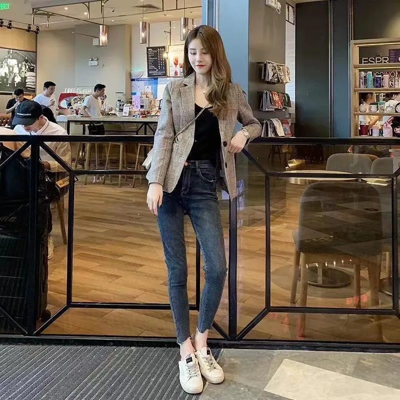 Blazer Women Thin Student Short Popular Petite Elegant Chequered Suit Outerwear