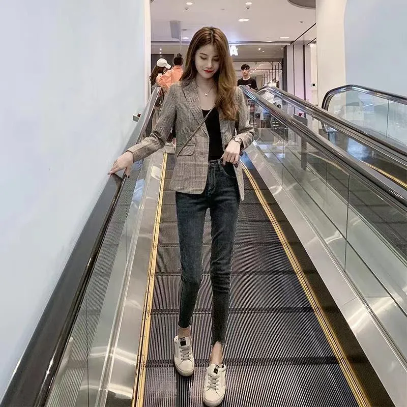 Blazer Women Thin Student Short Popular Petite Elegant Chequered Suit Outerwear