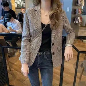Blazer Women Thin Student Short Popular Petite Elegant Chequered Suit Outerwear
