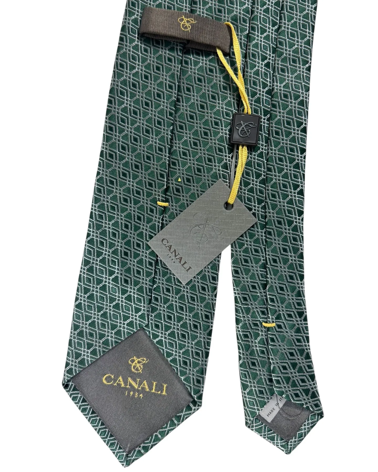 Canali Silk Tie Dark Green Silver Geometric - NEW 2024 Collection