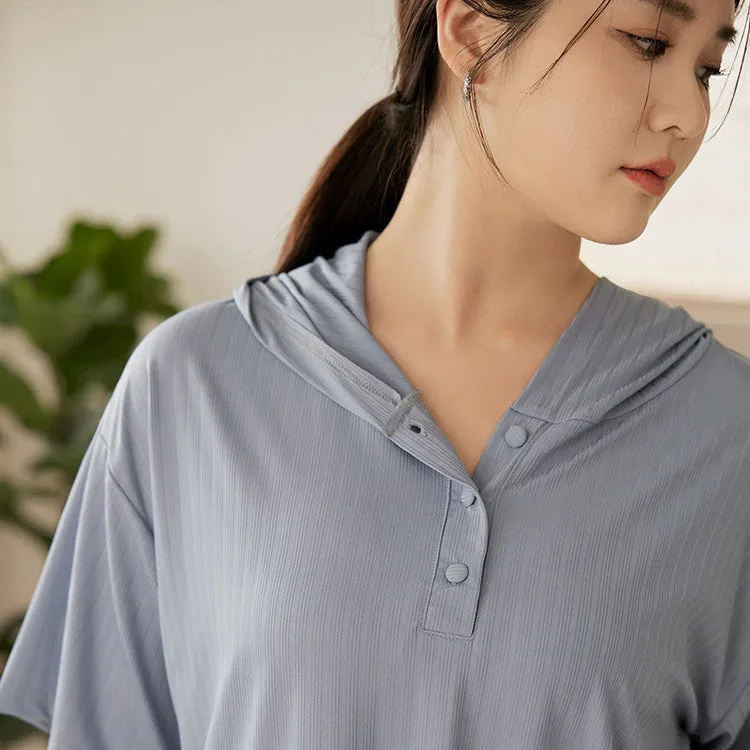 Casual Basic Plain Soft Loose Button Hooded Top