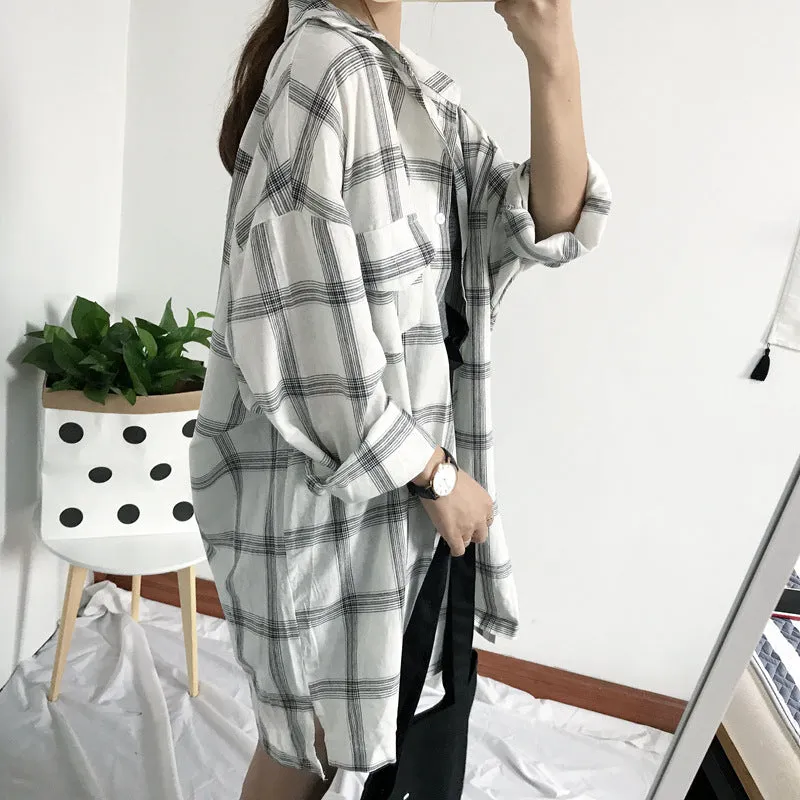 Chequered Blouse Korean Loose Casual Student BF Long Sleeved Mid-Length Shirt Blouse