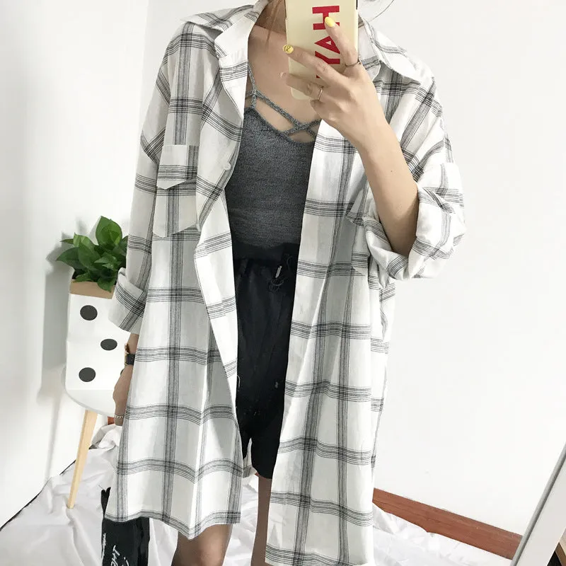 Chequered Blouse Korean Loose Casual Student BF Long Sleeved Mid-Length Shirt Blouse