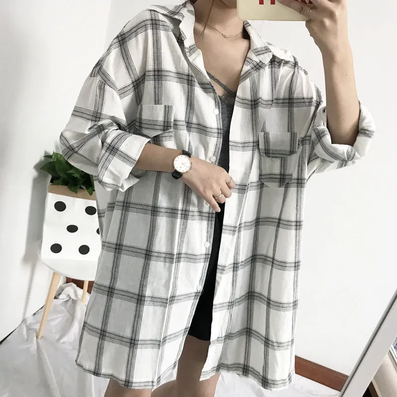 Chequered Blouse Korean Loose Casual Student BF Long Sleeved Mid-Length Shirt Blouse