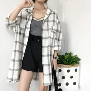 Chequered Blouse Korean Loose Casual Student BF Long Sleeved Mid-Length Shirt Blouse