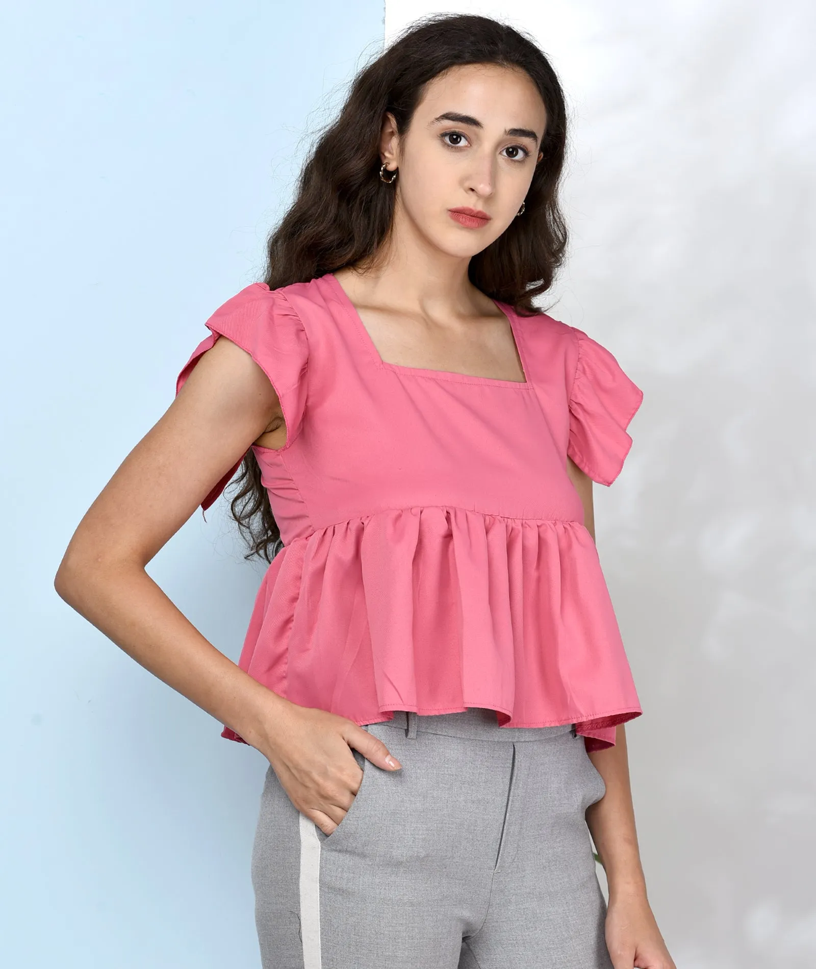 Chimpaaanzee Women Pink Solid Ruffled Style Top