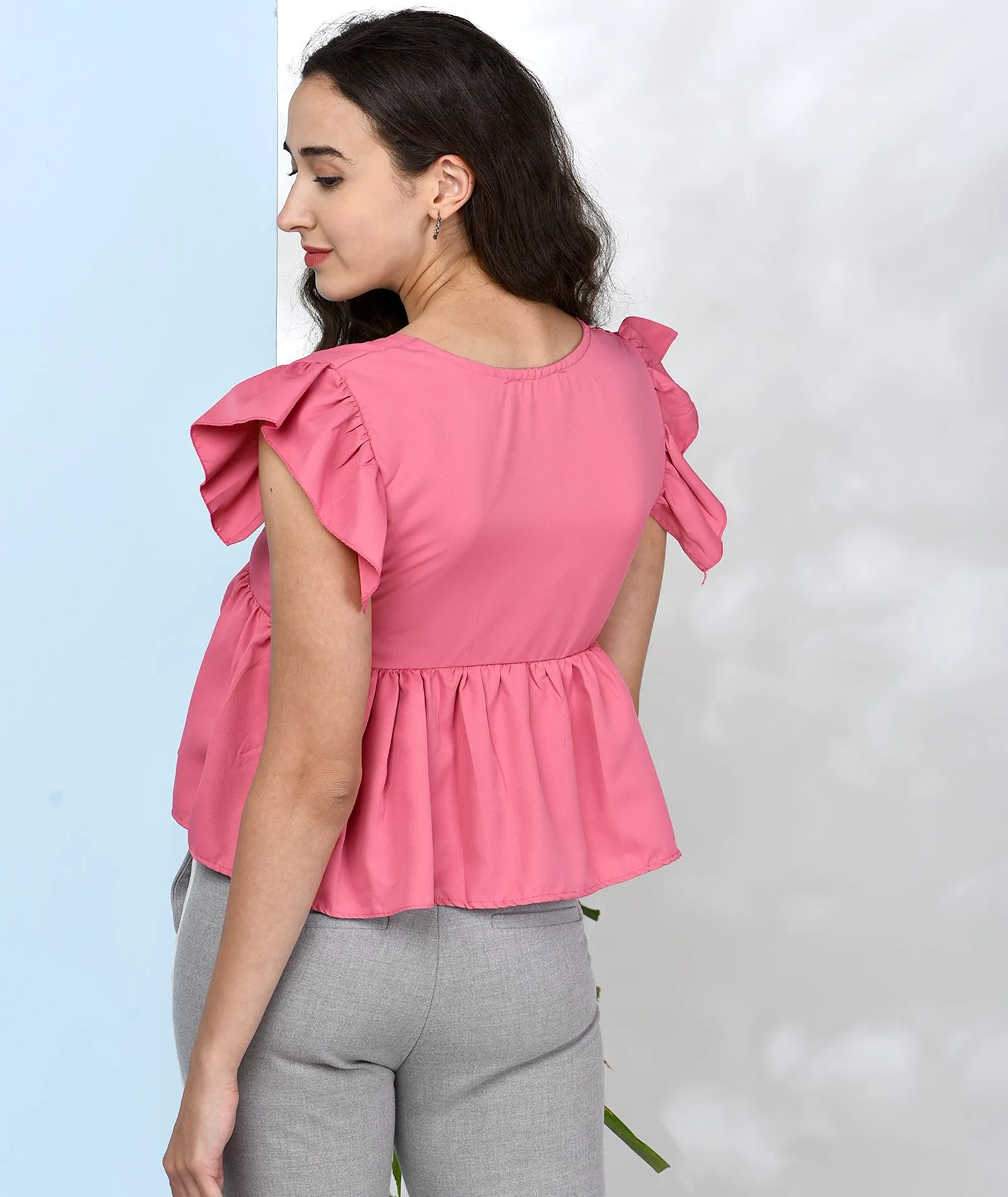 Chimpaaanzee Women Pink Solid Ruffled Style Top