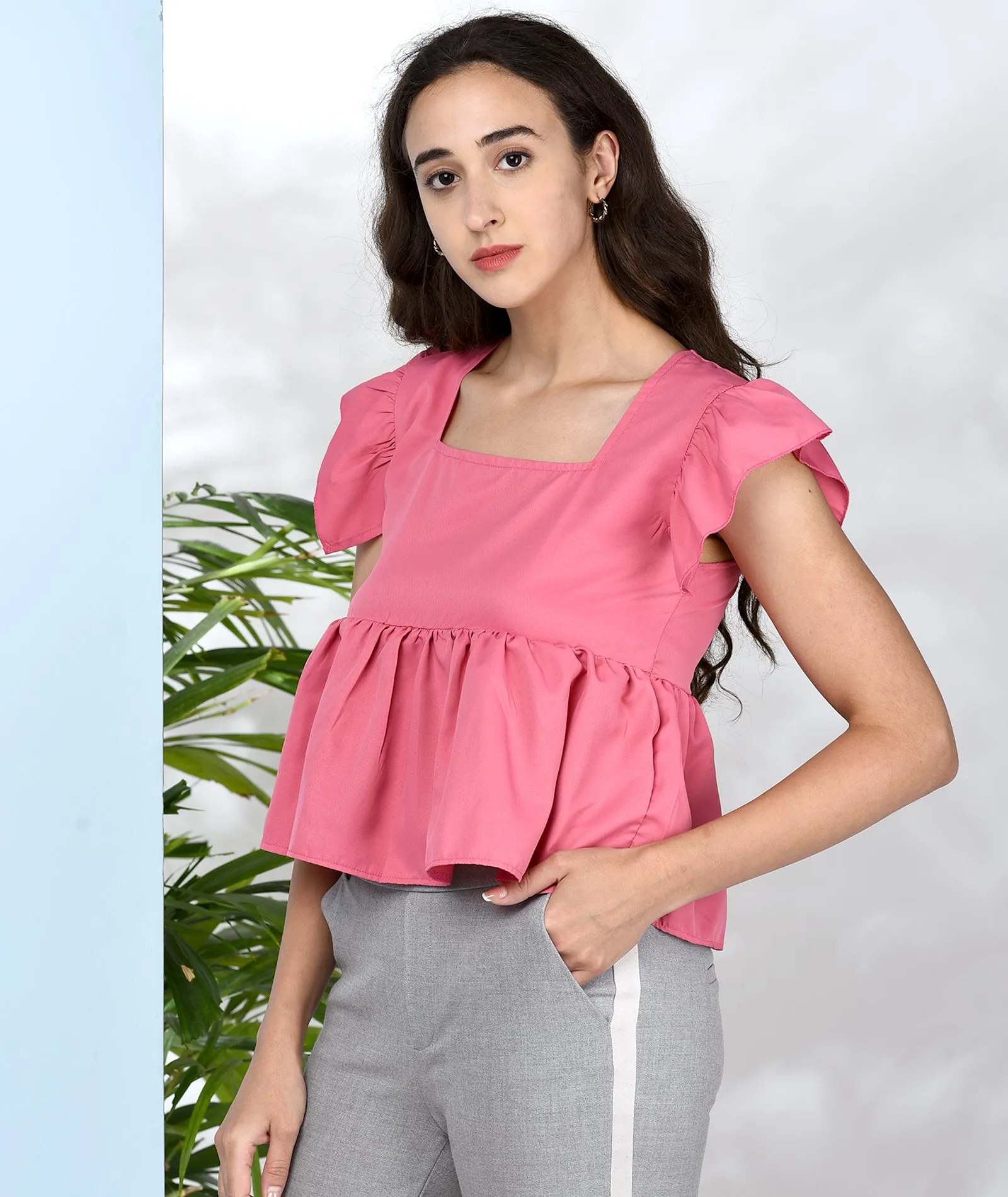 Chimpaaanzee Women Pink Solid Ruffled Style Top