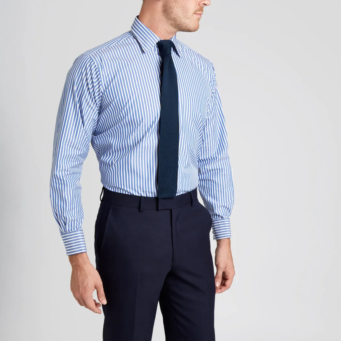 Classic Fit Exclusive Budd Stripe Double Cuff Shirt in Edwardian Blue