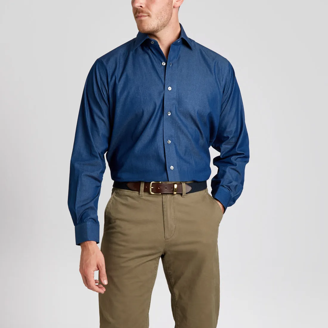 Classic Fit Plain Denim Button Cuff Shirt in Dark Blue