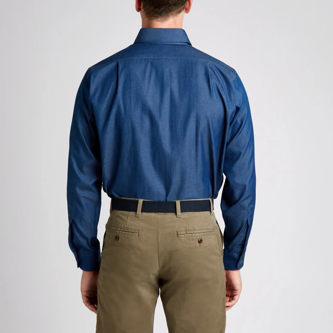 Classic Fit Plain Denim Button Cuff Shirt in Dark Blue