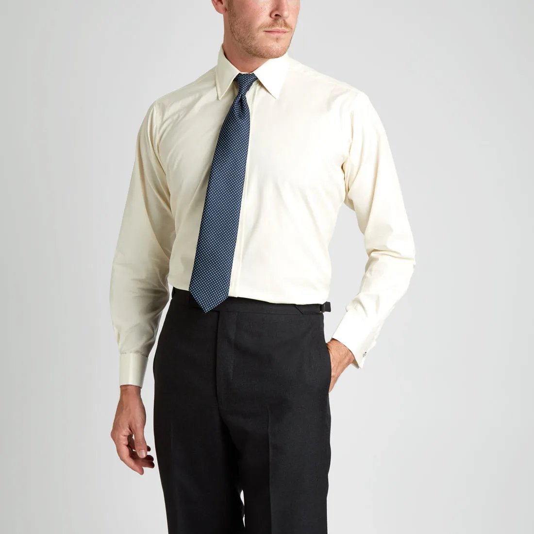 Classic Fit Plain Sea Island Cotton Double Cuff Shirt in Cream