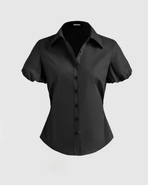Collar Solid Button Puff Sleeve Black Shirt
