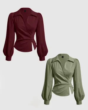 Combo : V Neck Top Wrap Front With Lantern Sleeve in Cherry Red & Herbal