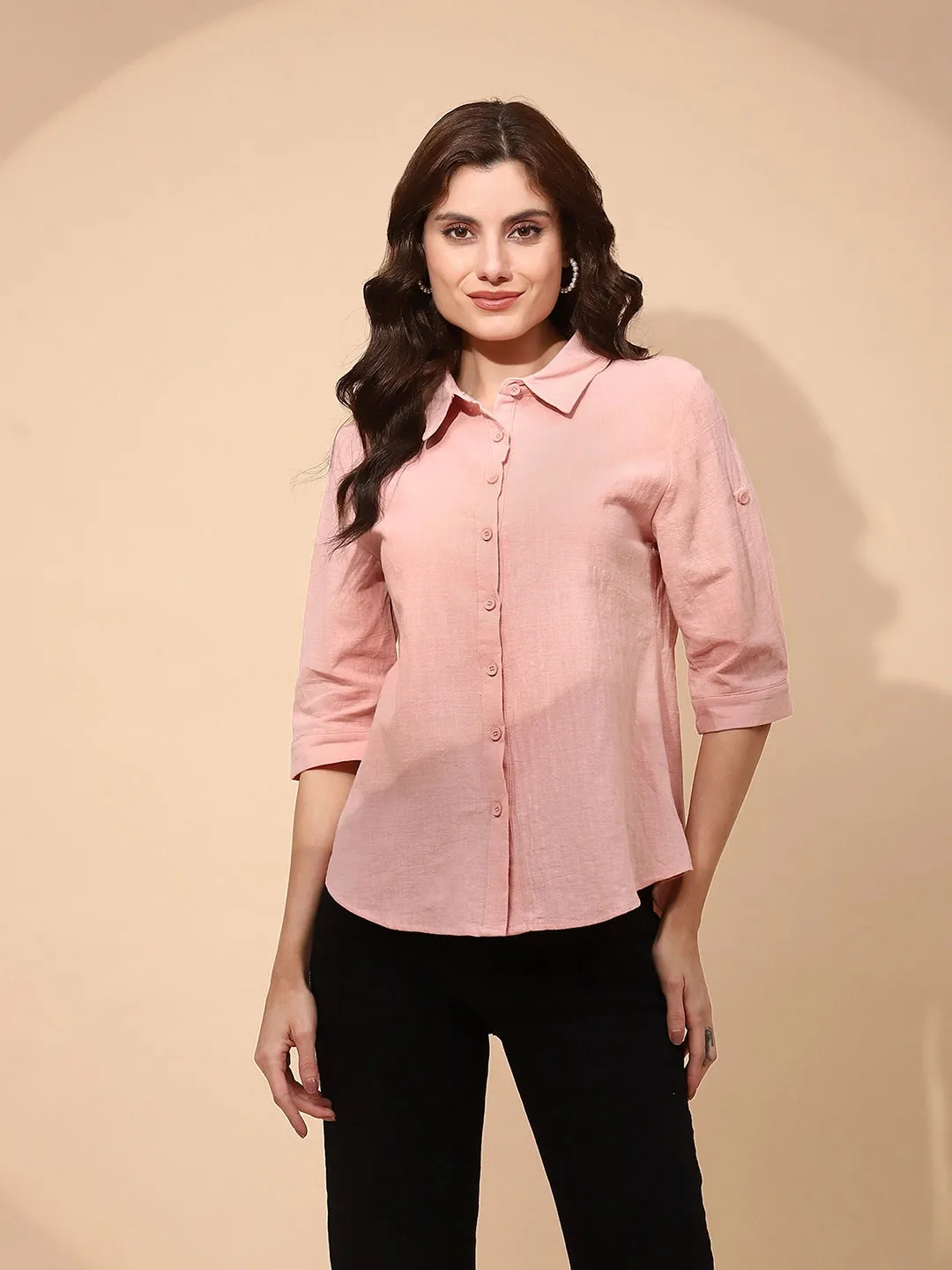 Dusty Rose Pink Cotton Regular Fit Shirt For Women
