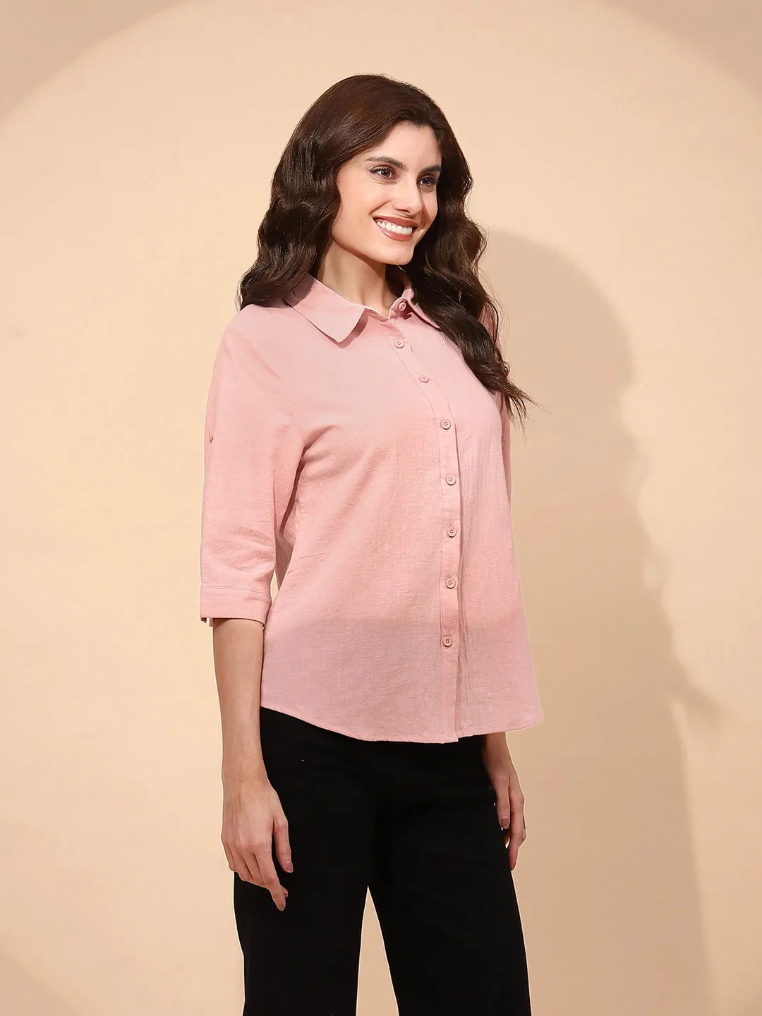 Dusty Rose Pink Cotton Regular Fit Shirt For Women