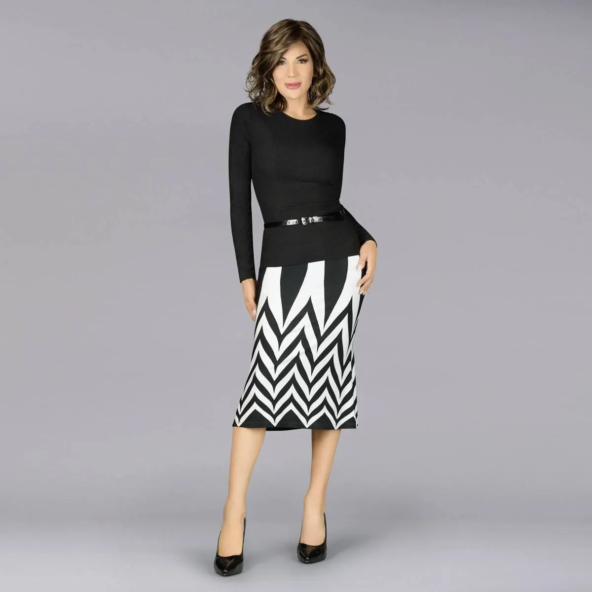 Elegant Black and White Print Midi Skirt