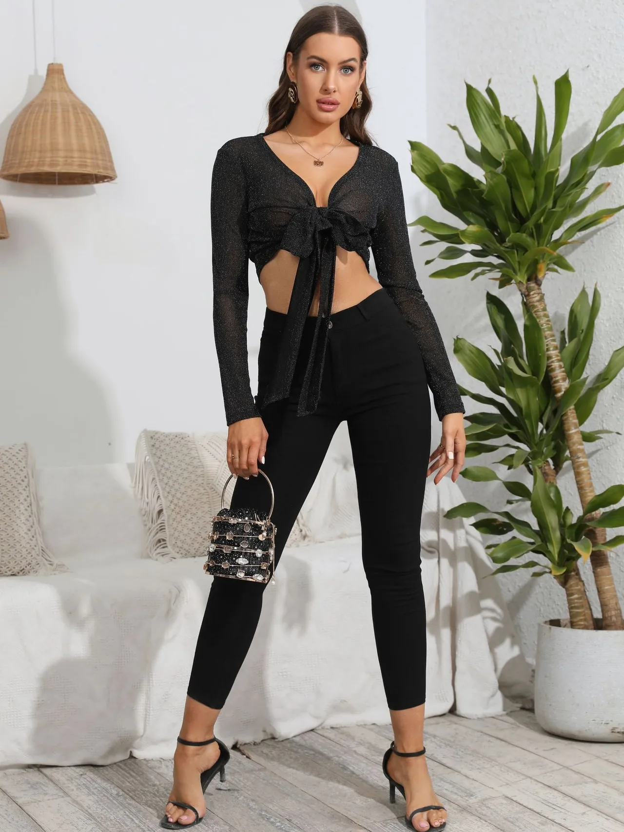 Elegant Black Tulle Butterfly Ties Blouse