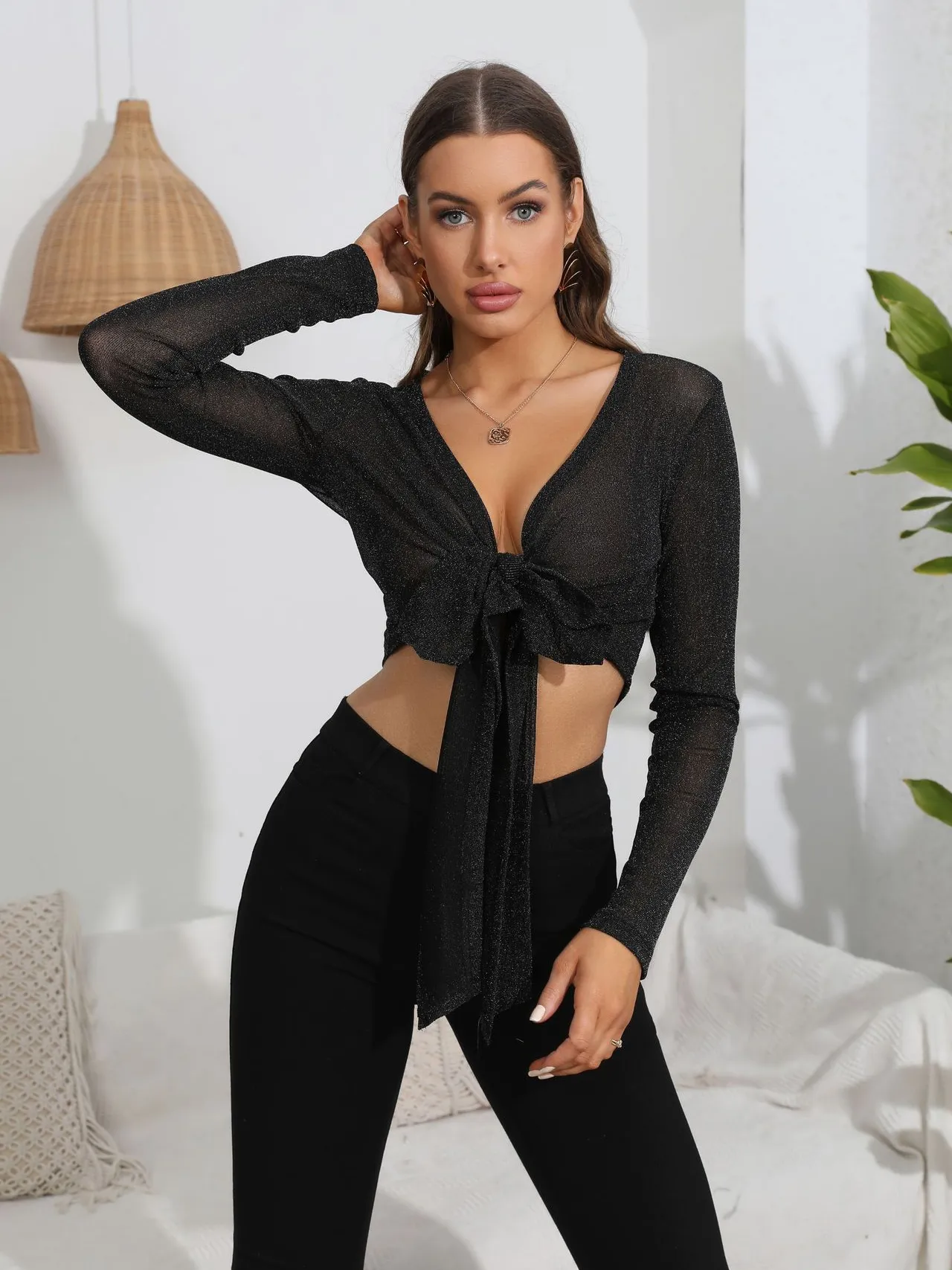 Elegant Black Tulle Butterfly Ties Blouse
