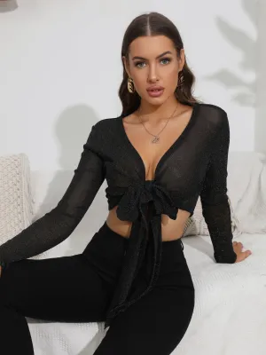 Elegant Black Tulle Butterfly Ties Blouse