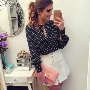 Europe Popular Women Poker Dots Bubble Long Sleeved Chiffon Shirt Blouse
