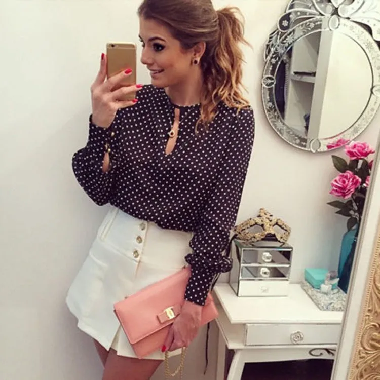 Europe Popular Women Poker Dots Bubble Long Sleeved Chiffon Shirt Blouse