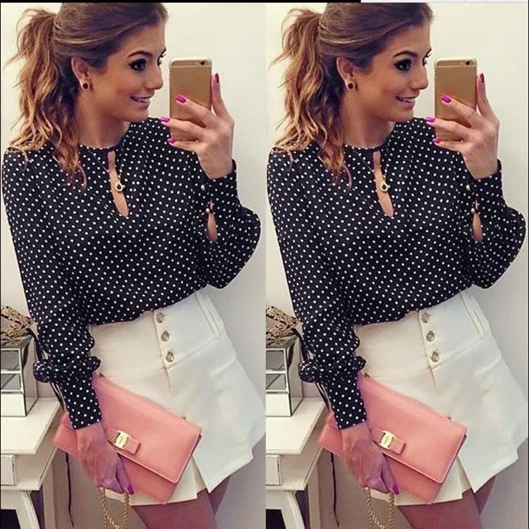 Europe Popular Women Poker Dots Bubble Long Sleeved Chiffon Shirt Blouse