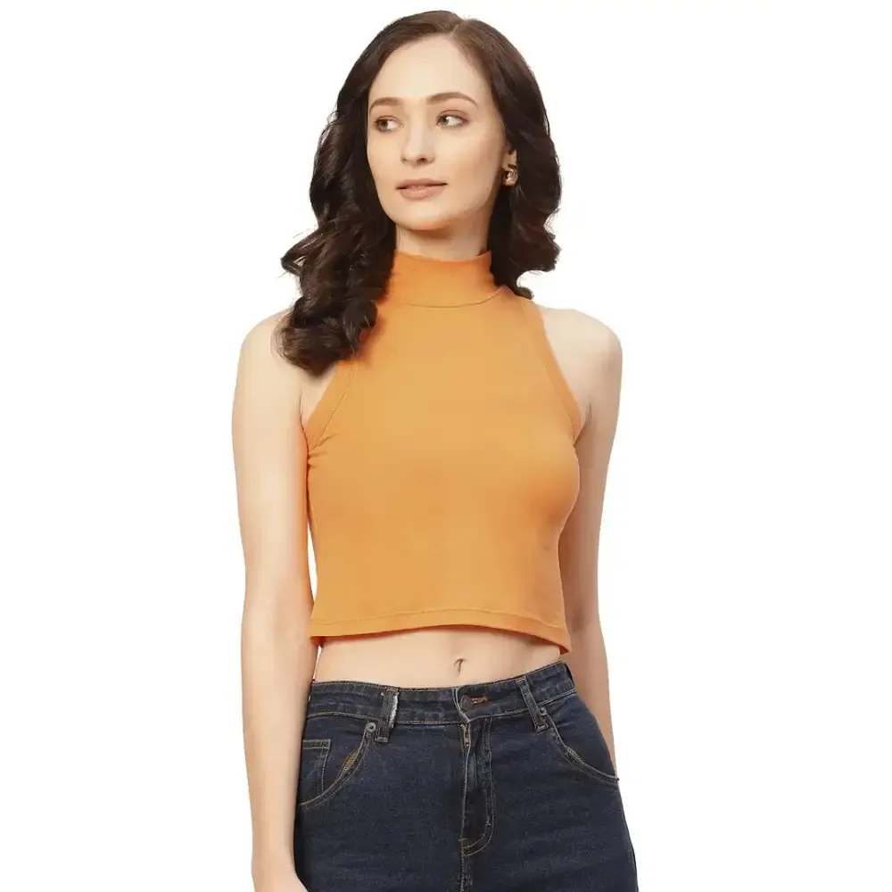 Femea Women Solid Super Soft streachable Cotton Lycra blended Crop Top (YELLOW)