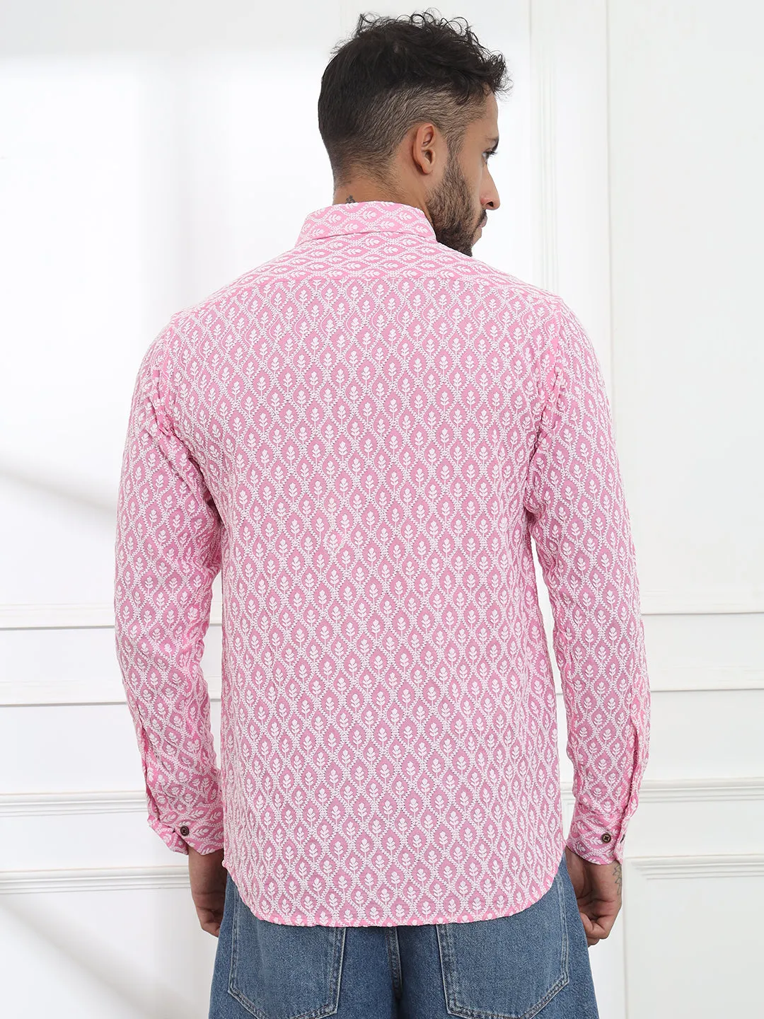 Firangi Yarn Super Soft Full Sleeves Chikankari schiffli Embroided Men's Shirt Pink