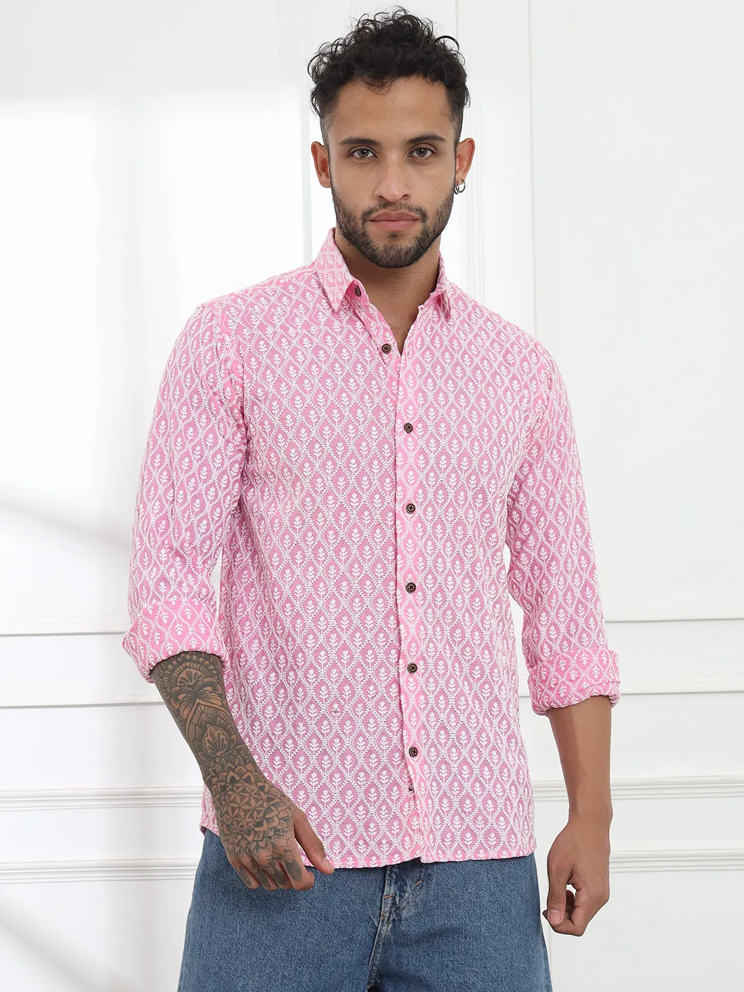 Firangi Yarn Super Soft Full Sleeves Chikankari schiffli Embroided Men's Shirt Pink