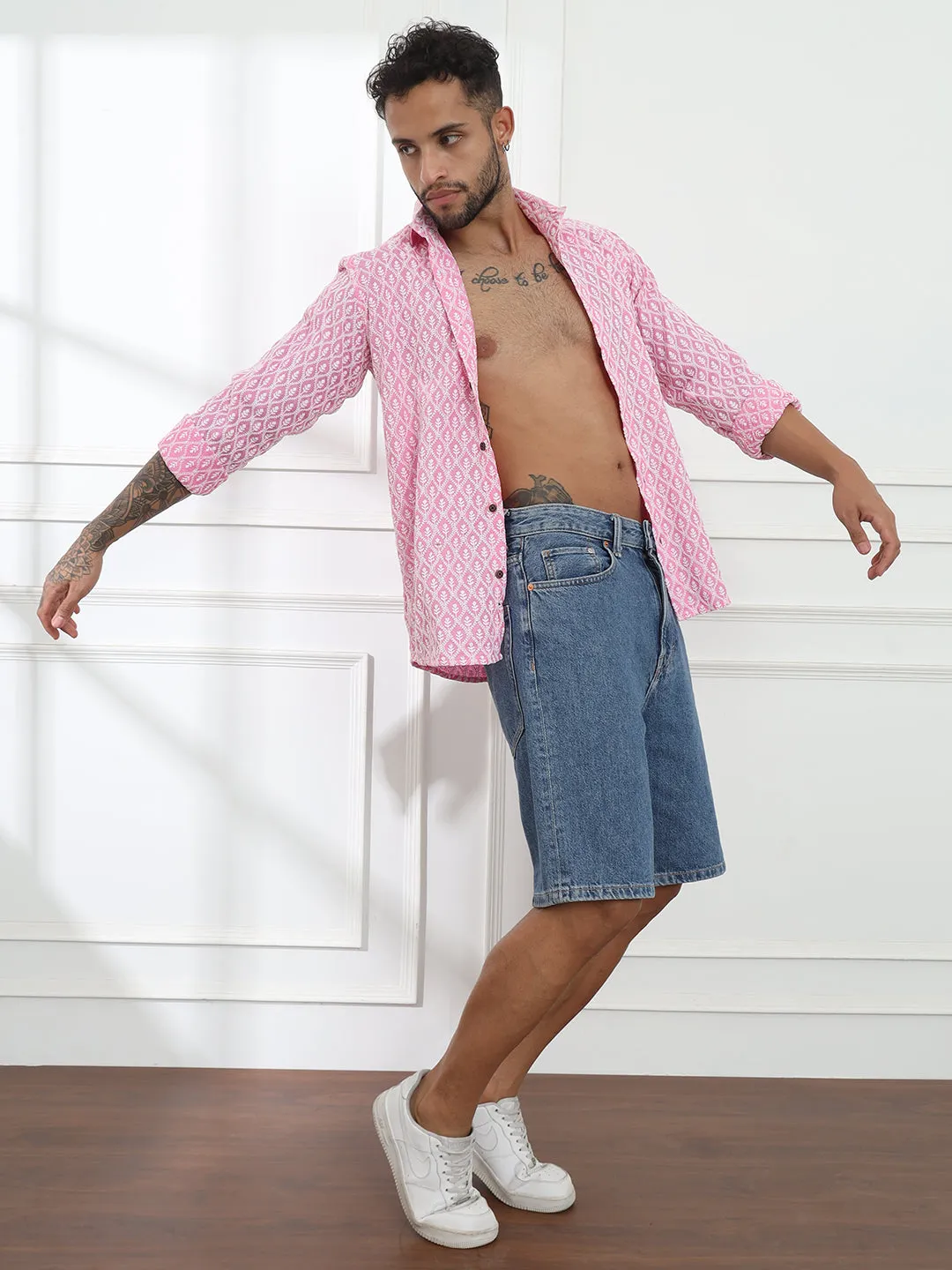Firangi Yarn Super Soft Full Sleeves Chikankari schiffli Embroided Men's Shirt Pink