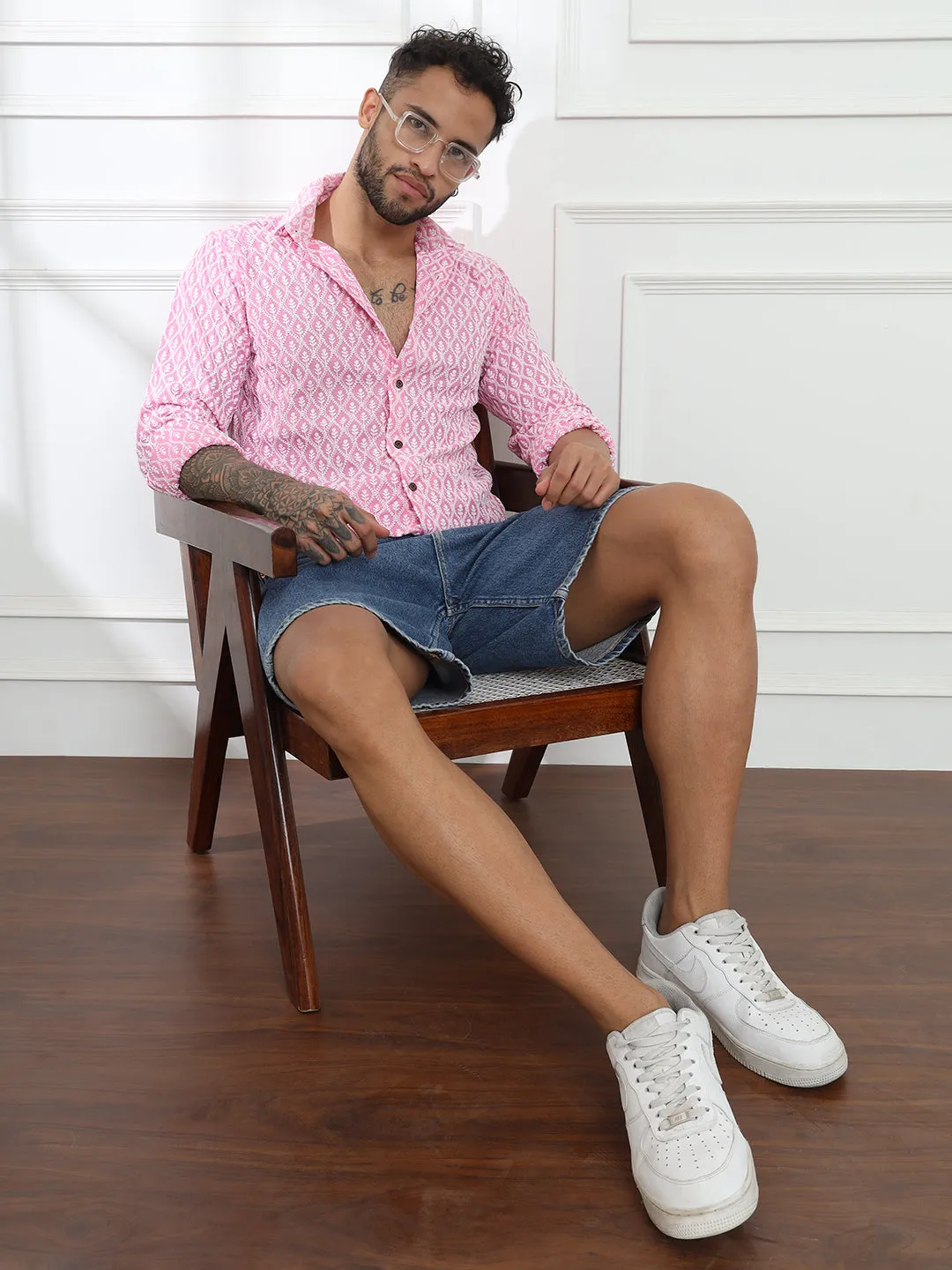 Firangi Yarn Super Soft Full Sleeves Chikankari schiffli Embroided Men's Shirt Pink