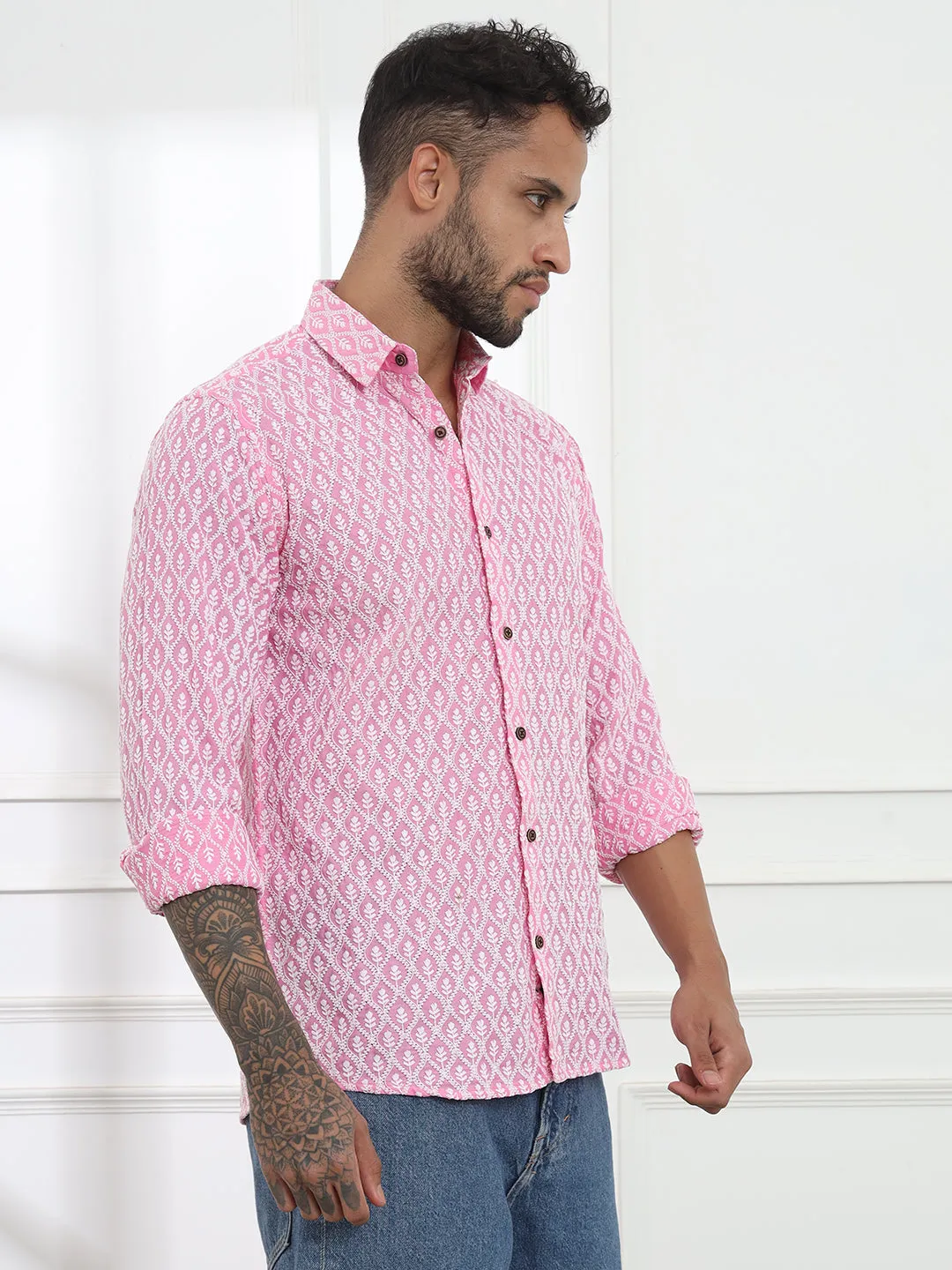 Firangi Yarn Super Soft Full Sleeves Chikankari schiffli Embroided Men's Shirt Pink