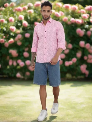 Firangi Yarn Super Soft Full Sleeves Chikankari schiffli Embroided Men's Shirt Pink