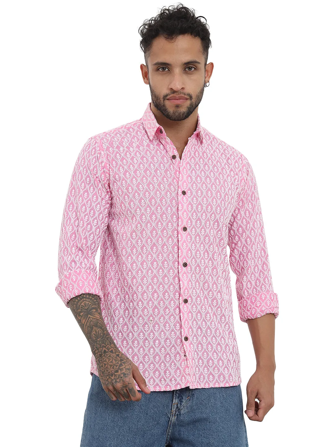 Firangi Yarn Super Soft Full Sleeves Chikankari schiffli Embroided Men's Shirt Pink