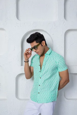 Firangi Yarn Super Soft Half Sleeves Chikankari schiffli Embroided Men's Shirt Pine Green